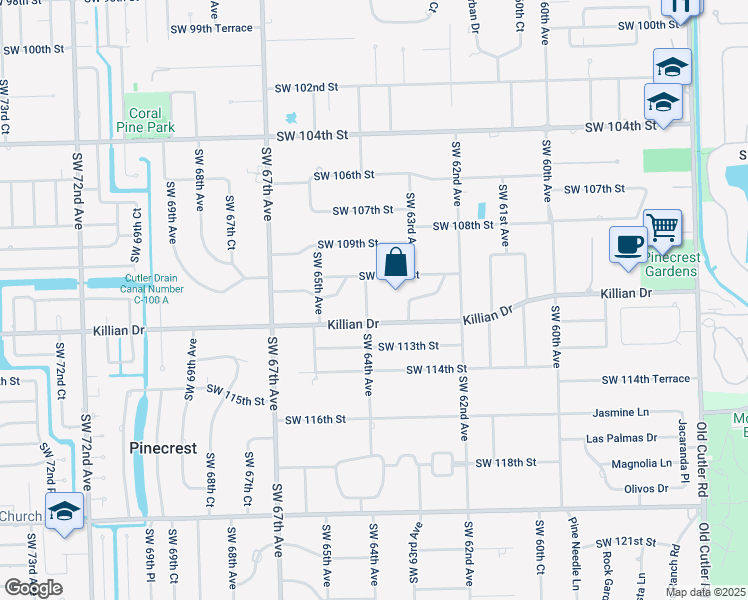 map of restaurants, bars, coffee shops, grocery stores, and more near 11101 Southwest 64th Avenue in Pinecrest