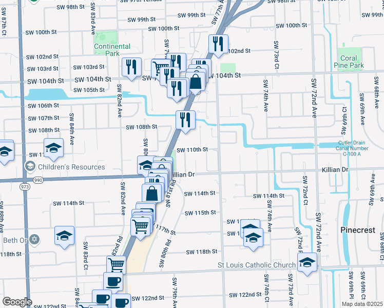 map of restaurants, bars, coffee shops, grocery stores, and more near 7790 Southwest 110th Street in Miami