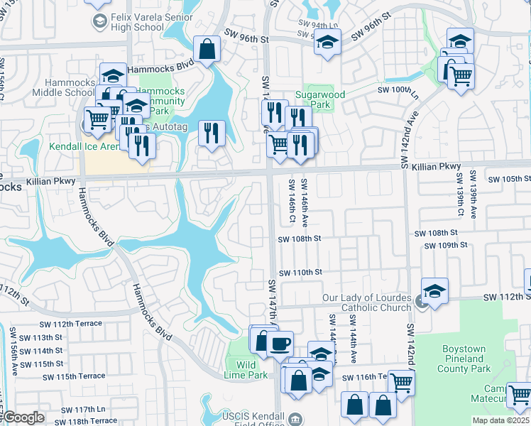 map of restaurants, bars, coffee shops, grocery stores, and more near 10623 Southwest 147th Court in Miami