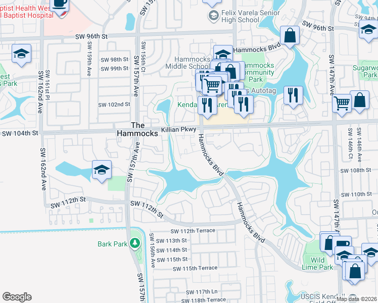 map of restaurants, bars, coffee shops, grocery stores, and more near 10520 Southwest 153rd Court in Miami