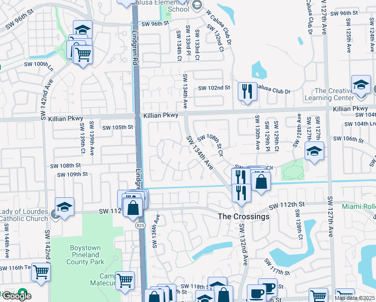 map of restaurants, bars, coffee shops, grocery stores, and more near 13424 Southwest 108th Street Circle in Miami