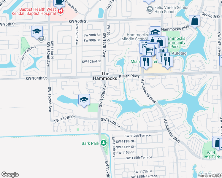 map of restaurants, bars, coffee shops, grocery stores, and more near 15610 Southwest 105th Lane in Miami