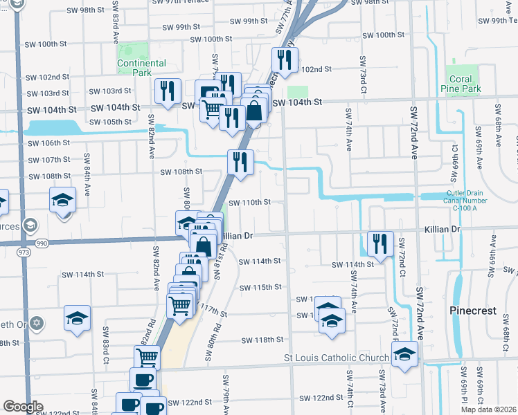 map of restaurants, bars, coffee shops, grocery stores, and more near 7790 Southwest 110th Street in Miami