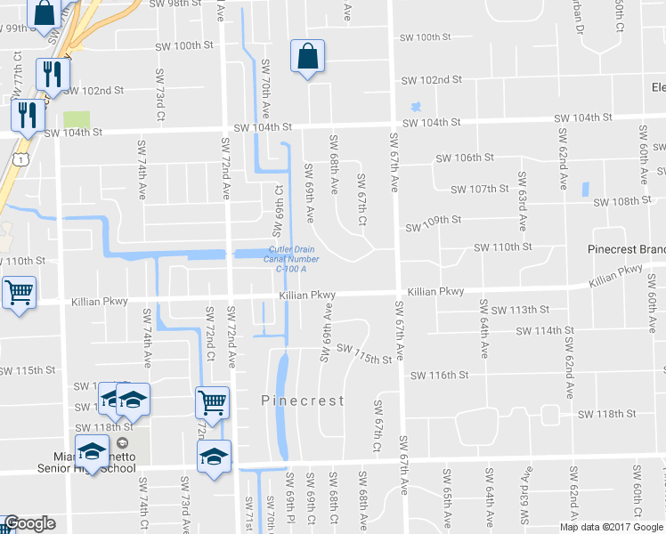 map of restaurants, bars, coffee shops, grocery stores, and more near 11030 Southwest 69th Avenue in Pinecrest
