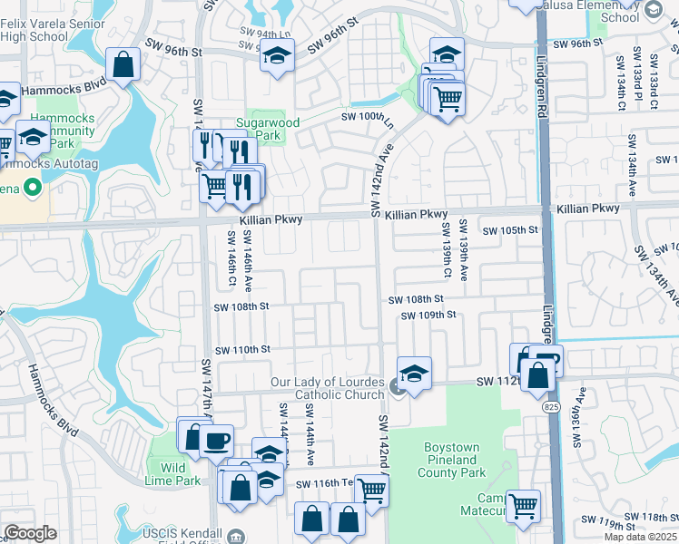 map of restaurants, bars, coffee shops, grocery stores, and more near 14240 Southwest 106th Terrace in Miami