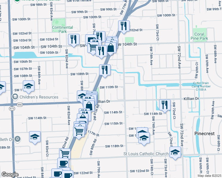 map of restaurants, bars, coffee shops, grocery stores, and more near 7790 Southwest 110th Street in Miami