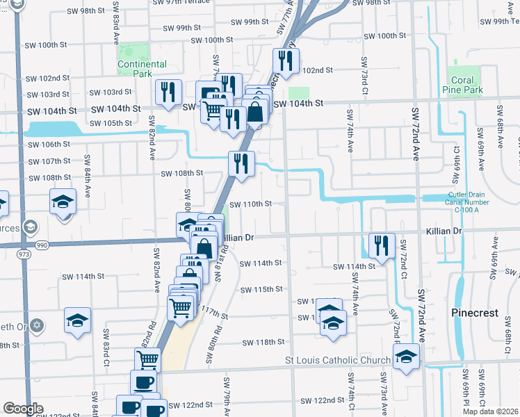 map of restaurants, bars, coffee shops, grocery stores, and more near 7790 Southwest 110th Street in Miami