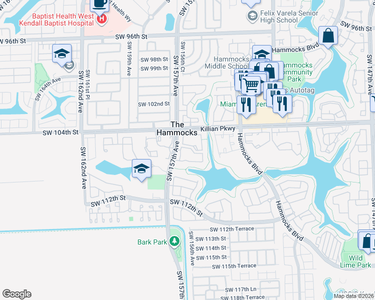 map of restaurants, bars, coffee shops, grocery stores, and more near 15610 Southwest 105th Lane in Miami