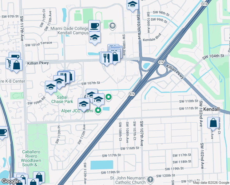 map of restaurants, bars, coffee shops, grocery stores, and more near 10865 Southwest 112nd Avenue in Miami