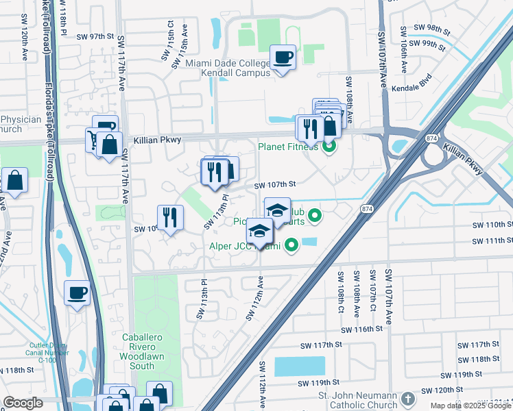 map of restaurants, bars, coffee shops, grocery stores, and more near 10855 Southwest 112th Avenue in Miami