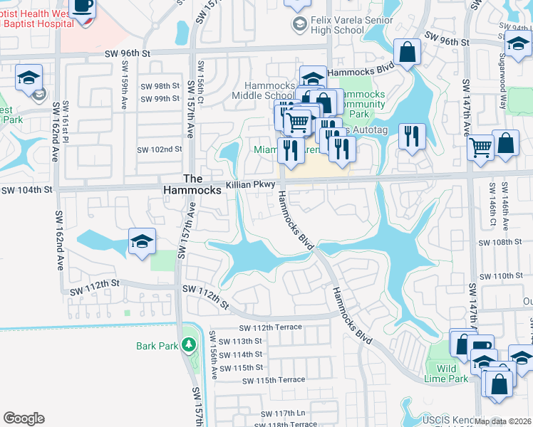 map of restaurants, bars, coffee shops, grocery stores, and more near 10520 Southwest 153rd Court in Miami