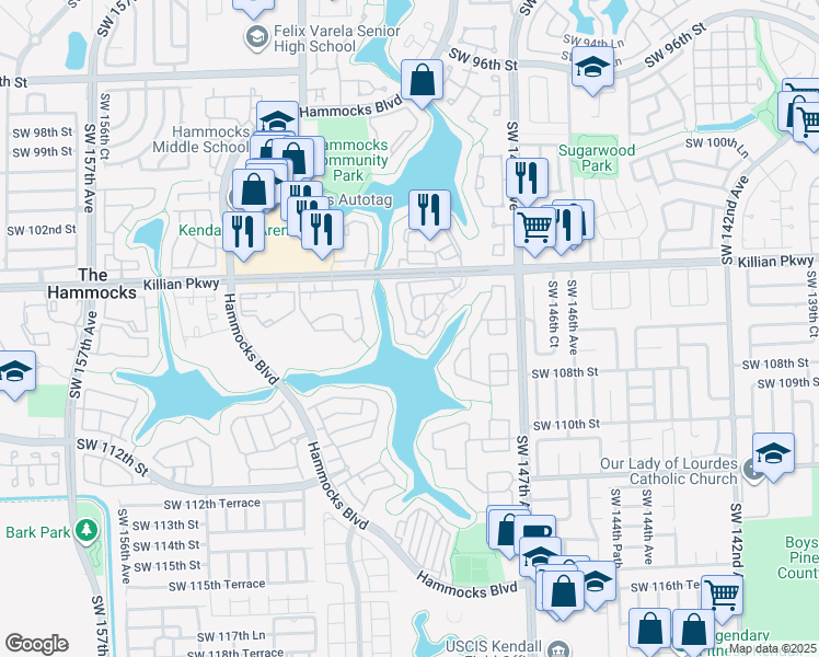 map of restaurants, bars, coffee shops, grocery stores, and more near 14900 Southwest 104th Street in Miami