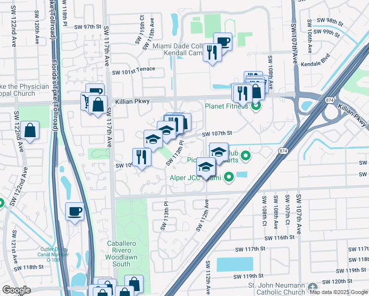 map of restaurants, bars, coffee shops, grocery stores, and more near 10735 Southwest 113th Place in Miami