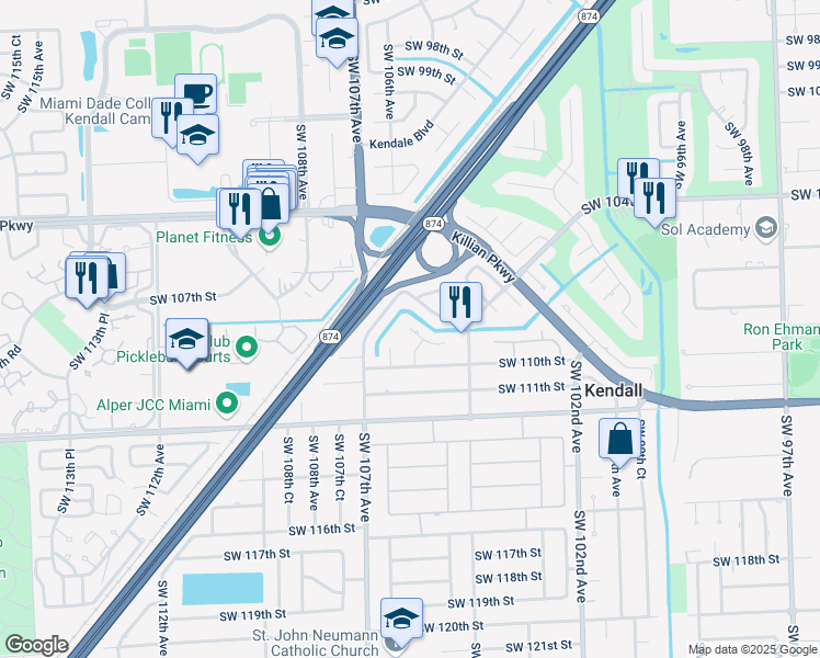 map of restaurants, bars, coffee shops, grocery stores, and more near 10900 Southwest 105th Avenue in Miami