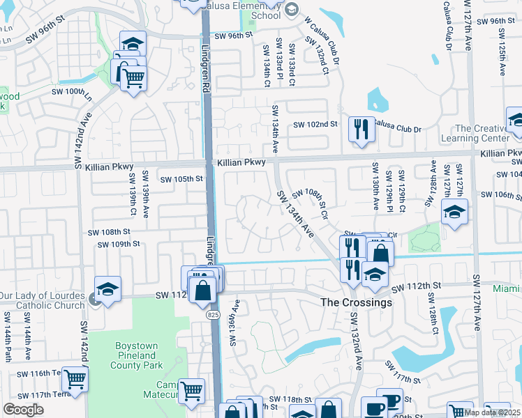 map of restaurants, bars, coffee shops, grocery stores, and more near 13516 Southwest 108th Street Circle in Miami