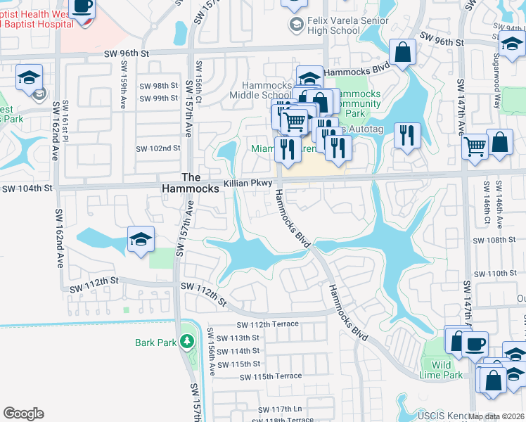 map of restaurants, bars, coffee shops, grocery stores, and more near 10520 Southwest 153rd Court in Miami