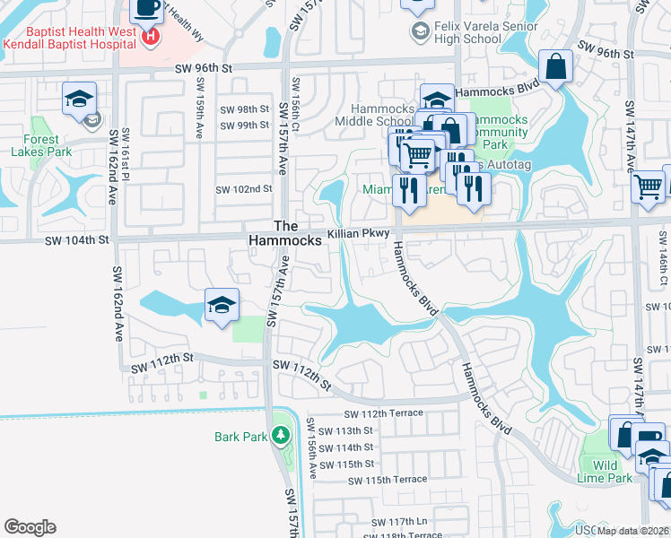 map of restaurants, bars, coffee shops, grocery stores, and more near 10500 Southwest 154th Court in Miami