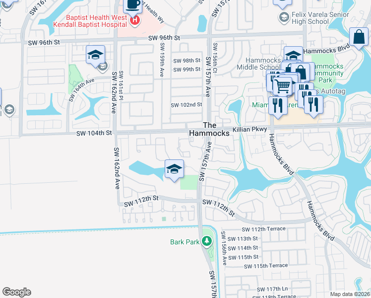 map of restaurants, bars, coffee shops, grocery stores, and more near 10610 Southwest 158th Court in Miami