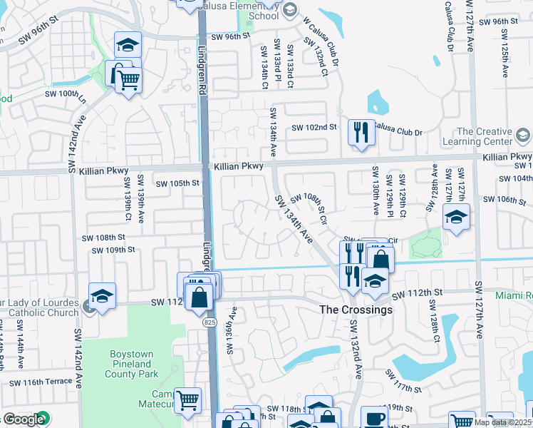 map of restaurants, bars, coffee shops, grocery stores, and more near 13424 Southwest 108th Street Circle in Miami
