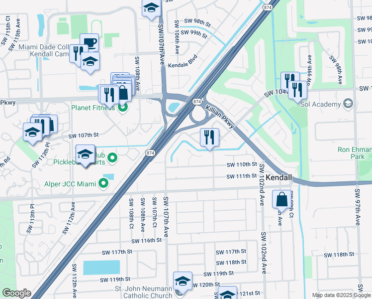 map of restaurants, bars, coffee shops, grocery stores, and more near 10900 Southwest 105th Avenue in Miami