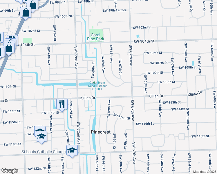 map of restaurants, bars, coffee shops, grocery stores, and more near 11030 Southwest 69th Avenue in Pinecrest