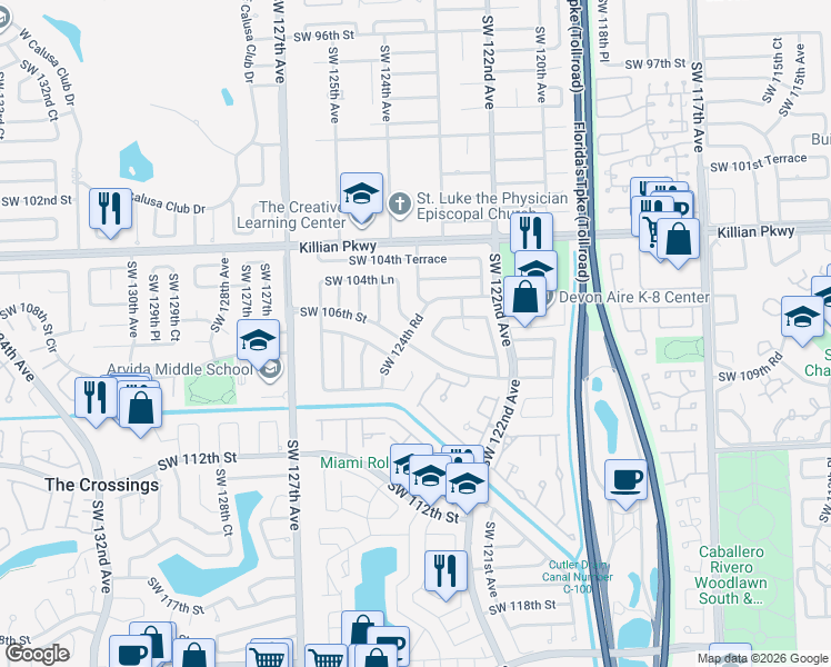 map of restaurants, bars, coffee shops, grocery stores, and more near 12390 Northwest 106th Court in Medley