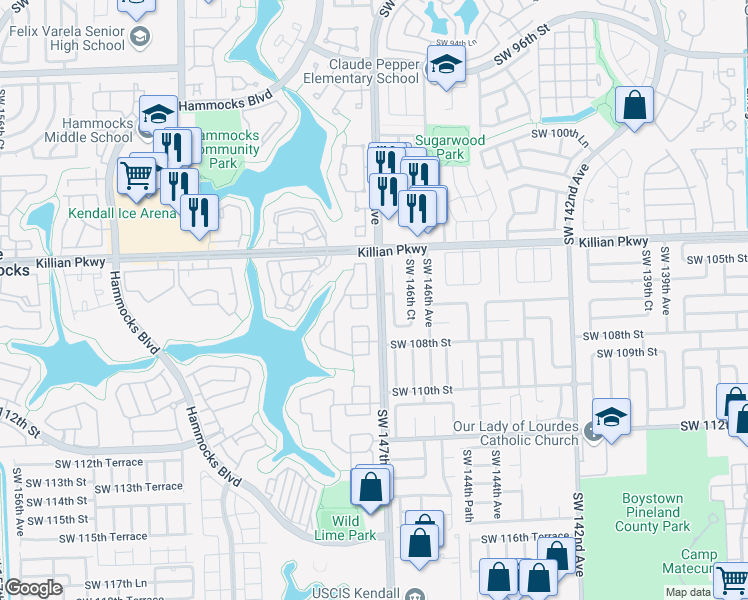 map of restaurants, bars, coffee shops, grocery stores, and more near 10623 Southwest 147th Court in Miami