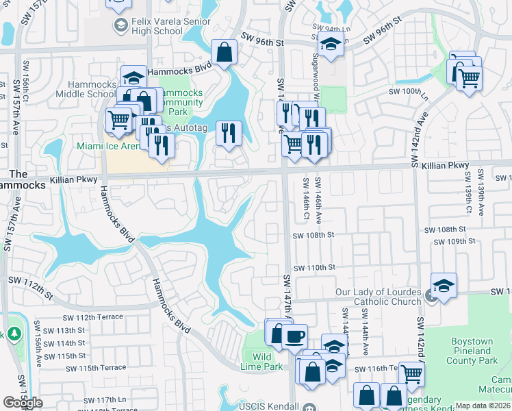 map of restaurants, bars, coffee shops, grocery stores, and more near 10630 Southwest 148th Avenue Drive in Miami