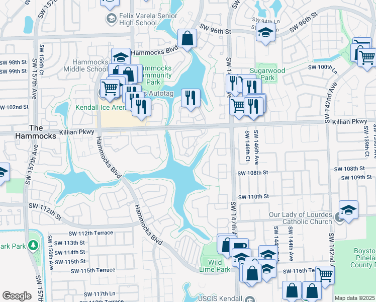map of restaurants, bars, coffee shops, grocery stores, and more near 10521 Mahogany Key Circle in Miami