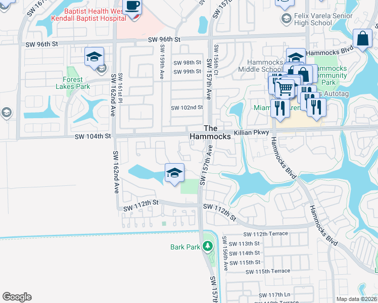 map of restaurants, bars, coffee shops, grocery stores, and more near 10610 Southwest 158th Court in Miami
