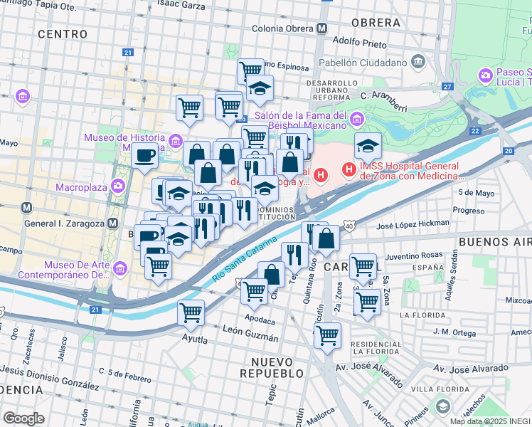 map of restaurants, bars, coffee shops, grocery stores, and more near in Monterrey