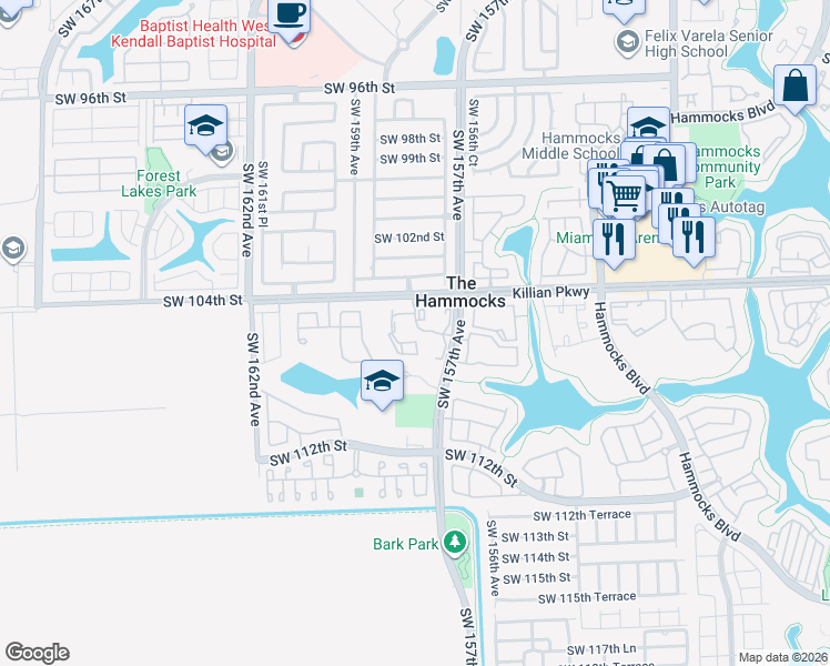 map of restaurants, bars, coffee shops, grocery stores, and more near 10610 Southwest 158th Court in Miami
