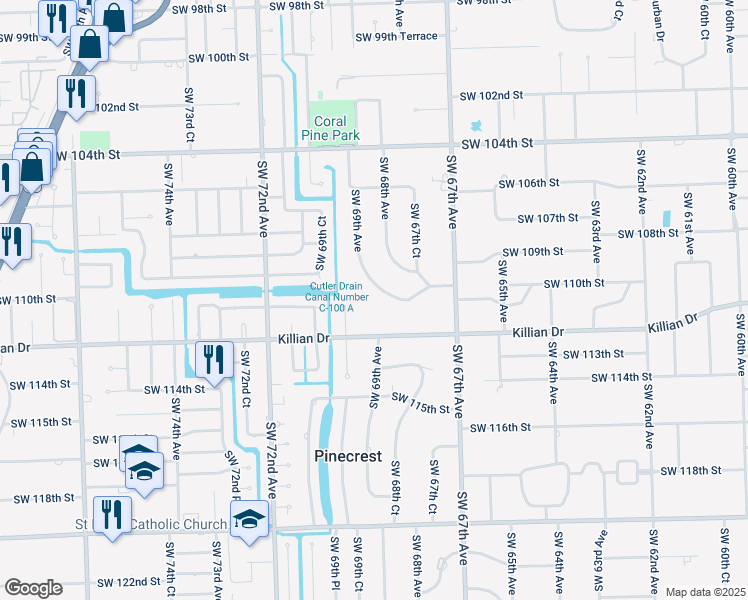 map of restaurants, bars, coffee shops, grocery stores, and more near 11030 Southwest 69th Avenue in Pinecrest