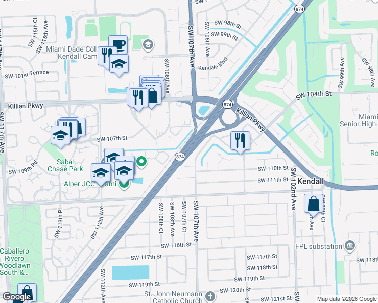 map of restaurants, bars, coffee shops, grocery stores, and more near South Dade Expressway in Miami