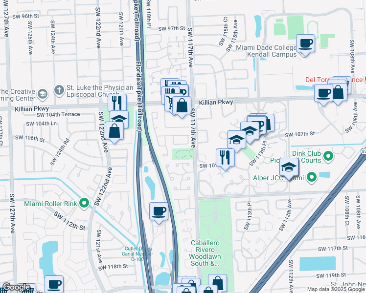map of restaurants, bars, coffee shops, grocery stores, and more near 11720 Southwest 107th Lane in Miami