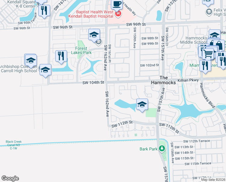 map of restaurants, bars, coffee shops, grocery stores, and more near 10522 Southwest 161st Avenue in Miami