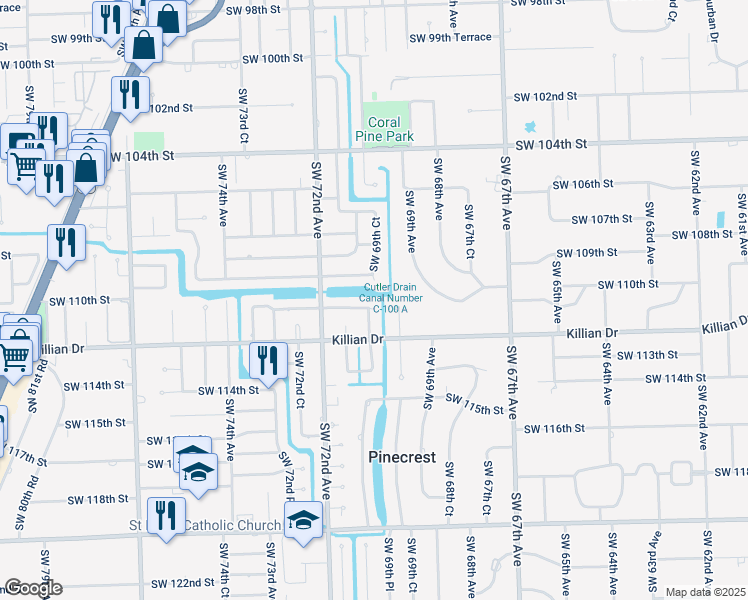 map of restaurants, bars, coffee shops, grocery stores, and more near 11025 Southwest 70th Avenue in Miami