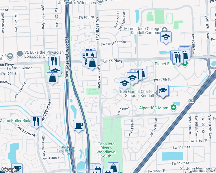 map of restaurants, bars, coffee shops, grocery stores, and more near 11535 Southwest 109th Road in Miami
