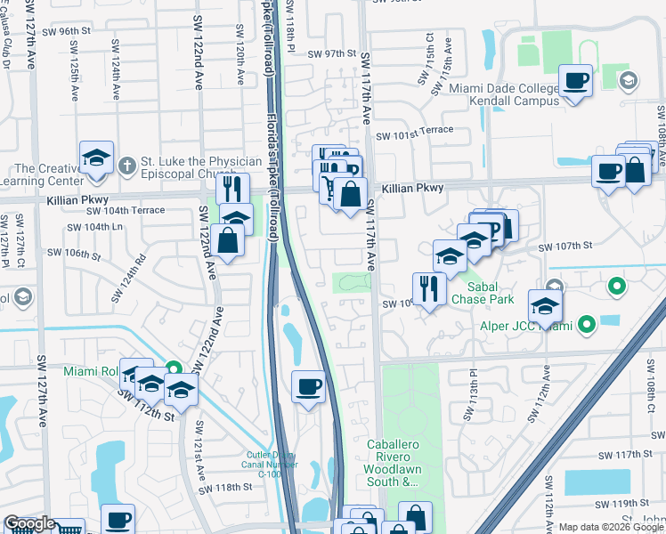 map of restaurants, bars, coffee shops, grocery stores, and more near 11811 Southwest 108th Terrace in Miami