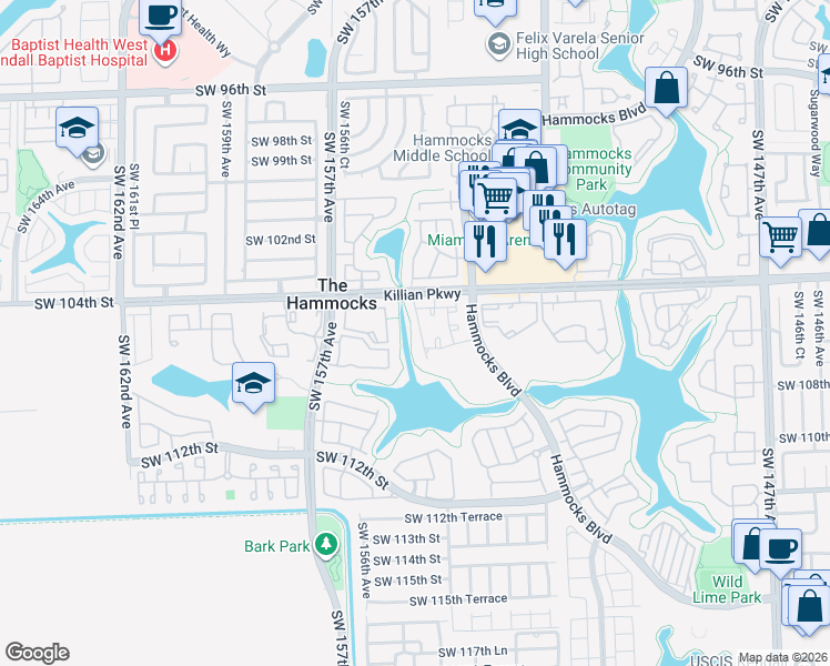map of restaurants, bars, coffee shops, grocery stores, and more near 10500 Southwest 154th Court in Miami