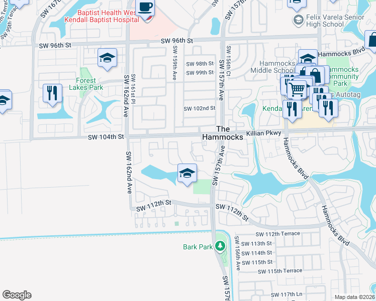 map of restaurants, bars, coffee shops, grocery stores, and more near 10555 Southwest 158th Place in Miami