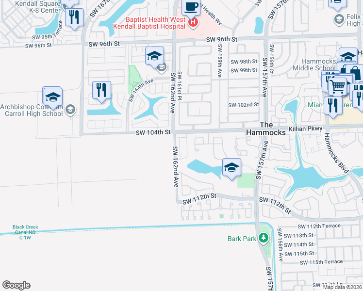 map of restaurants, bars, coffee shops, grocery stores, and more near 10574 Southwest 161st Place in Miami