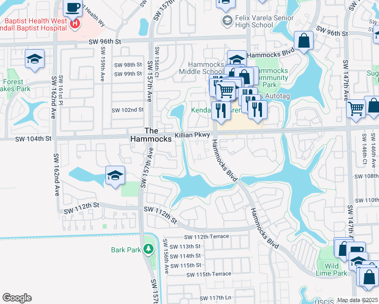 map of restaurants, bars, coffee shops, grocery stores, and more near 10500 Southwest 154th Court in Miami