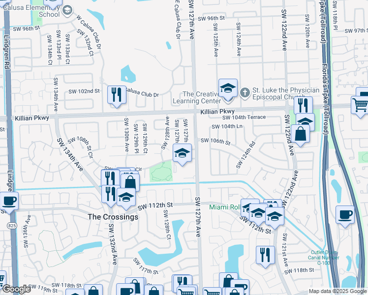 map of restaurants, bars, coffee shops, grocery stores, and more near 10624 Southwest 127th Court in Miami