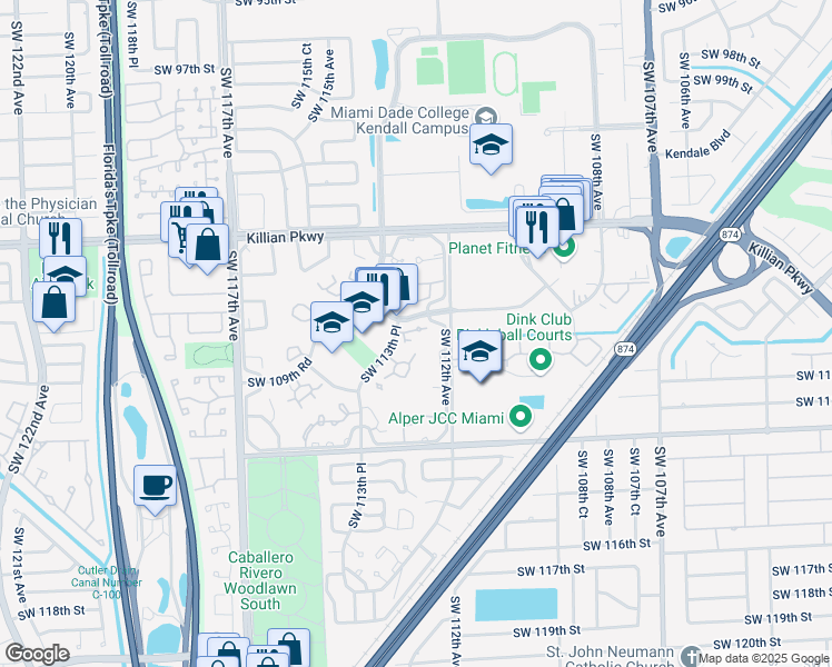 map of restaurants, bars, coffee shops, grocery stores, and more near 10735 Southwest 113th Place in Miami