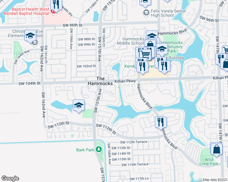 map of restaurants, bars, coffee shops, grocery stores, and more near 15610 Southwest 105th Lane in Miami