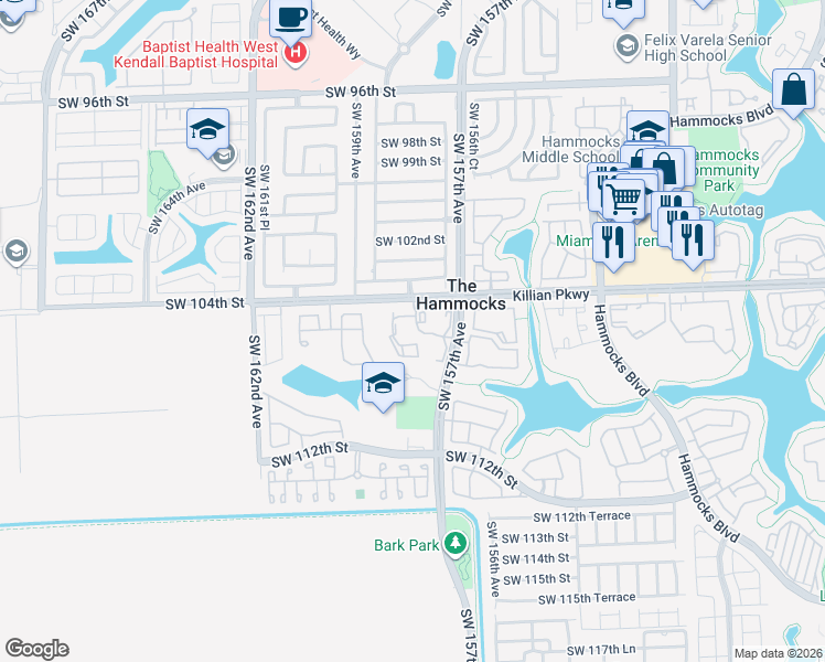 map of restaurants, bars, coffee shops, grocery stores, and more near 10610 Southwest 158th Court in Miami