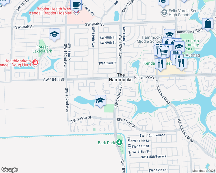 map of restaurants, bars, coffee shops, grocery stores, and more near 10610 Southwest 158th Court in Miami