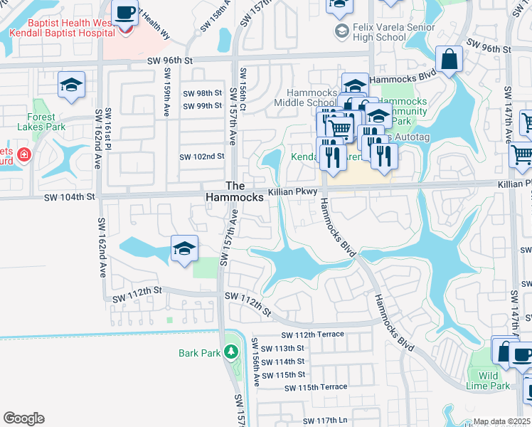 map of restaurants, bars, coffee shops, grocery stores, and more near 10500 Southwest 155th Court in Miami
