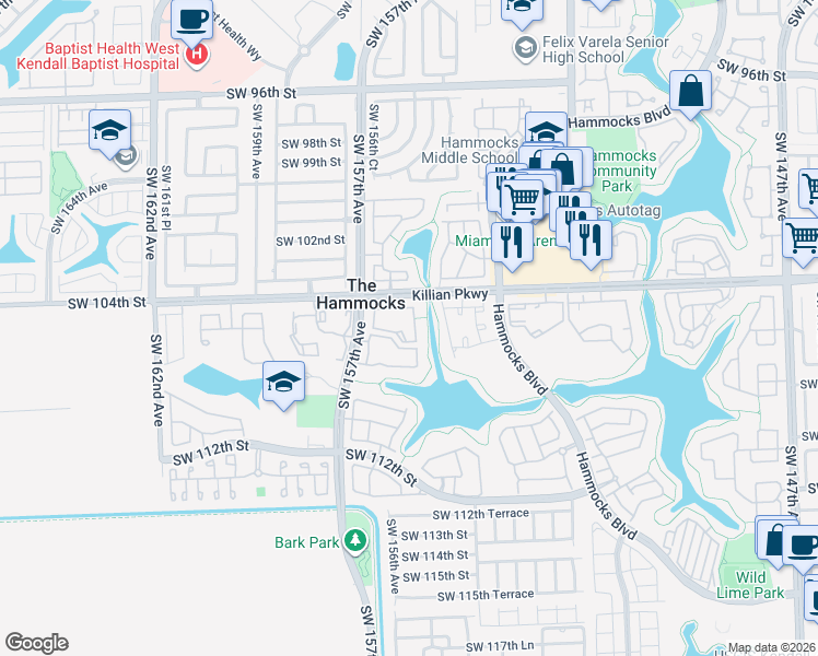 map of restaurants, bars, coffee shops, grocery stores, and more near 10500 Southwest 155th Court in Miami